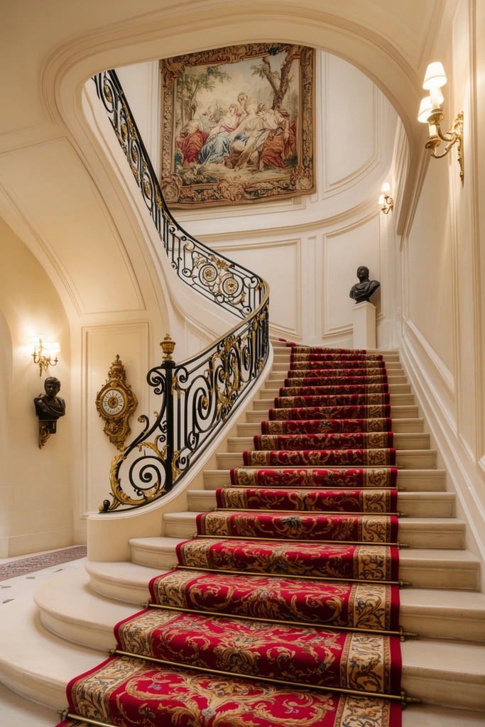 A sweeping stone staircase curves upward through a luxurious cream-colored interior. The wide steps feature a rich red carpet runner with intricate baroque patterns. An ornate black wrought-iron balustrade accented with gilded scrollwork borders the ascent. The surrounding walls showcase classical paneling and warm sconce lighting. A large classical tapestry hangs within the architectural arch of the stairwell. Beside the staircase, a dark bronze bust is mounted on the smooth wall near an ornate golden clock. The eye-level perspective emphasizes the grand architectural curves and the rich contrast between the creamy stone, vibrant red textile, and gleaming gold details.