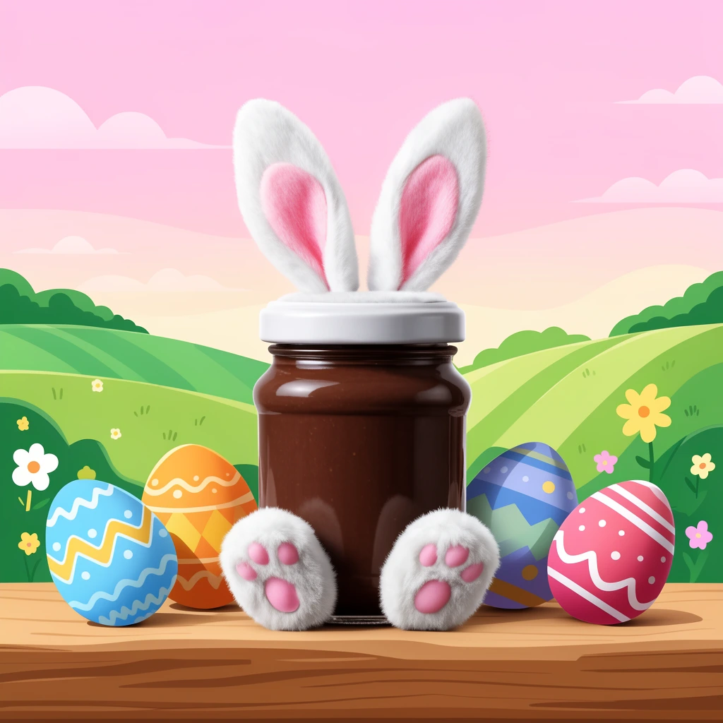 A glass jar of dark chocolate spread rests on a wooden ledge, disguised as a bunny with white and pink ears on its lid and fluffy paws in front. Colorful, patterned Easter eggs surround the jar against a pastel cartoon landscape of rolling green hills and a pink-hued sky. Rendered in a bright digital illustration style blending 3D objects with flat vector backgrounds.