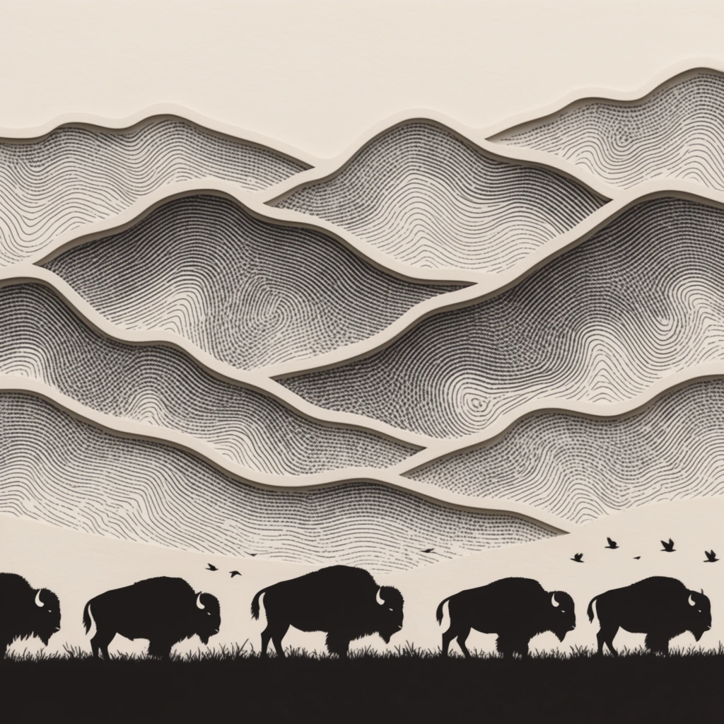 Engraved landscape illustration, black and cream duotone, wavy concentric halftone lines forming rolling mountains, silhouetted herd of bison in foreground, small flying birds, layered cutout aesthetic, thick borders separating depth planes, topographic line art