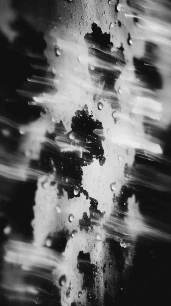 A stark, high-contrast monochromatic vertical surface textured with liquid droplets and jagged patches, heavily obscured by intense, sweeping motion blur. Dark, irregular jagged patches form solid black silhouettes against glowing, blown-out white regions on the vertical plane. Scattered liquid droplets cling to the texture, their round forms stretched and elongated into luminous, smeared streaks by the aggressive kinetic distortion. Rendered in the style of analog black-and-white film photography, the composition utilizes deep, crushed shadows and sharp chiaroscuro lighting. Heavy, ethereal horizontal and diagonal blur drags across the entire frame, transforming the tactile surface elements into abstract trails of light and dark. Thick film grain and high-noise textures permeate the scene, flattening the depth of field and creating a raw, atmospheric, and deeply kinetic visual treatment of the fragmented surface.