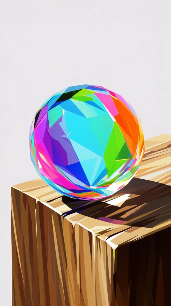 A single transparent sphere rendered in a crisp, low-poly faceted geometric art style rests on the top surface of a rectangular wooden block positioned in the lower right foreground. The sphere is constructed from sharp, flat-shaded polygonal shards refracting a hyper-vibrant, highly saturated neon rainbow spectrum of cyan, magenta, electric blue, bright green, neon orange, and vivid purple. The wooden block features sharp, angular planes, translating its wood material into stark, high-contrast, linear geometric patterns with abrupt value changes. Harsh, simulated directional lighting generates striking, distinct highlights across the rigid planes of both objects, casting a solid dark geometric drop shadow from the sphere onto the block's upper facet. Behind the objects sits a plain, flat, solid white background. The composition employs a precise, vector-like digital illustration aesthetic with pristine edges, strictly flat color fills, and intense optical contrast.