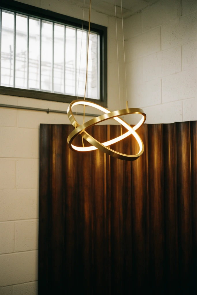 illuminated interlocking brass ring pendant light suspended by thin wires, modern industrial room, dark corrugated wood divider, white cinderblock wall, barred window, 35mm film photography, warm ambient glow, minimalist design