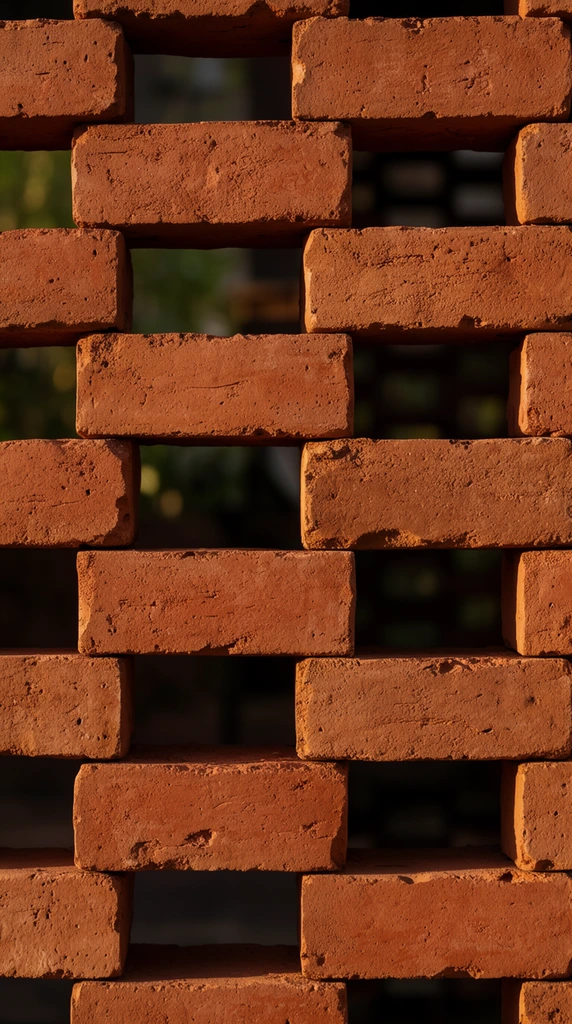 A close-up architectural shot of a perforated brick wall laid in a hit-and-miss pattern. Rough, textured terracotta bricks are stacked horizontally with alternating rectangular gaps, forming a geometric grid of solids and voids. Warm, raking sunlight sweeps across the uneven clay surfaces, highlighting porous imperfections and casting deep, sharp shadows inside the recesses. Through the dark openings, a heavily blurred background reveals faint hints of green foliage and shadowed structures. The shallow depth of field focuses on the tactile materiality and rhythmic interplay of light on the raw facade.