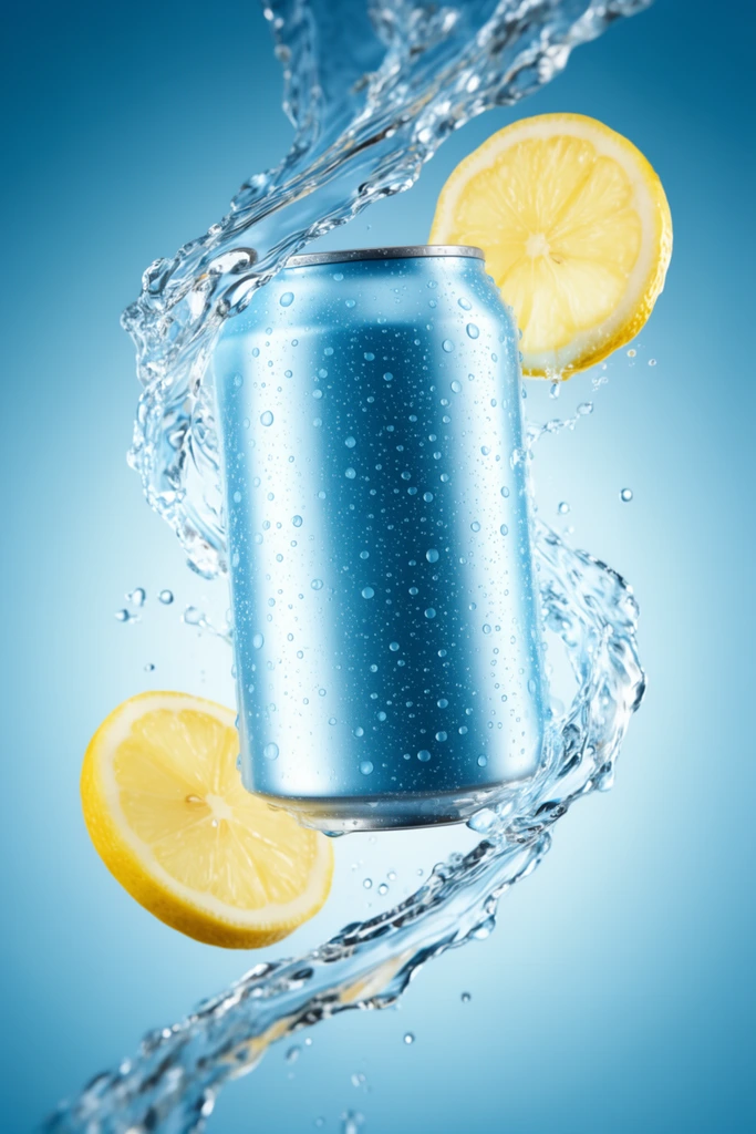 light blue floating metallic beverage can, dynamic swirling ribbon of clear splashing liquid, two yellow lemon slices, smooth gradient blue background, high-speed product photography