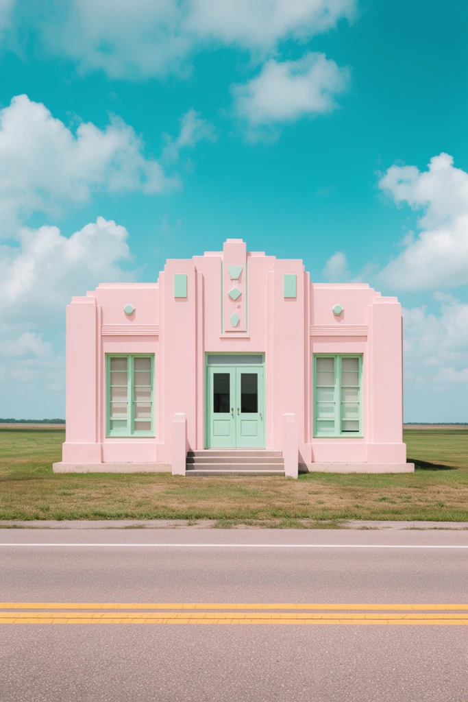 A perfectly symmetrical pale pink Art Deco building stands on a flat grassy plain beneath a bright turquoise sky with white clouds. The structure features mint green window frames, double doors, and a stepped roofline with geometric accents. A two-lane asphalt highway with double yellow lines stretches across the immediate foreground. Captured in bright midday sunlight from a deadpan frontal perspective with a vibrant pastel color palette.