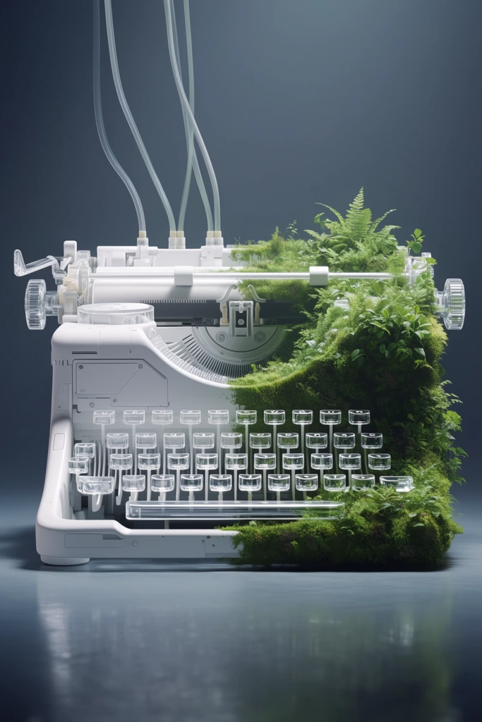 A hyper-realistic 3D render of a single typewriter resting on a glossy surface, showcasing a stark material dichotomy between sterile white synthetics and lush organic growth. The typewriter's chassis features pristine, matte white futuristic panels with precise mechanical seams on one side, abruptly transitioning into dense, vibrant green moss, miniature ferns, and leafy foliage entirely consuming the opposite side. Key mechanical components, including the cylindrical platen and individual keys, are constructed from pristine, refractive transparent glass outlined with bright white structural accents. Pale, translucent pneumatic cables descend from above, interfacing directly with the top of the machine. The typewriter sits centered on a mildly reflective floor against a seamless, dark bluish-grey gradient studio backdrop. Soft, diffused cool-toned volumetric lighting illuminates the scene, casting subtle rim highlights on the botanical textures, crisp reflections in the transparent acrylic components, and gentle shadows onto the ground beneath.