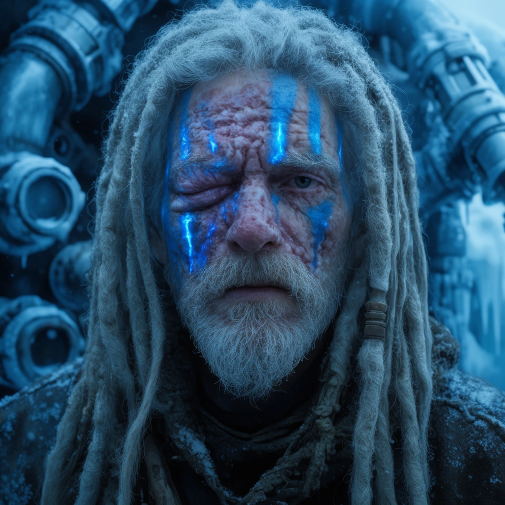 close up portrait of a rugged elderly male survivor with thick silver dreadlocks, face scarred by severe frostbite and streaks of glowing blue war paint, right eye swollen shut, intense stare, heavily blurred icy mechanical pipes in background, cinematic shallow depth of field, cold cyan and deep blue lighting, gritty survivalist aesthetic, highly detailed photography