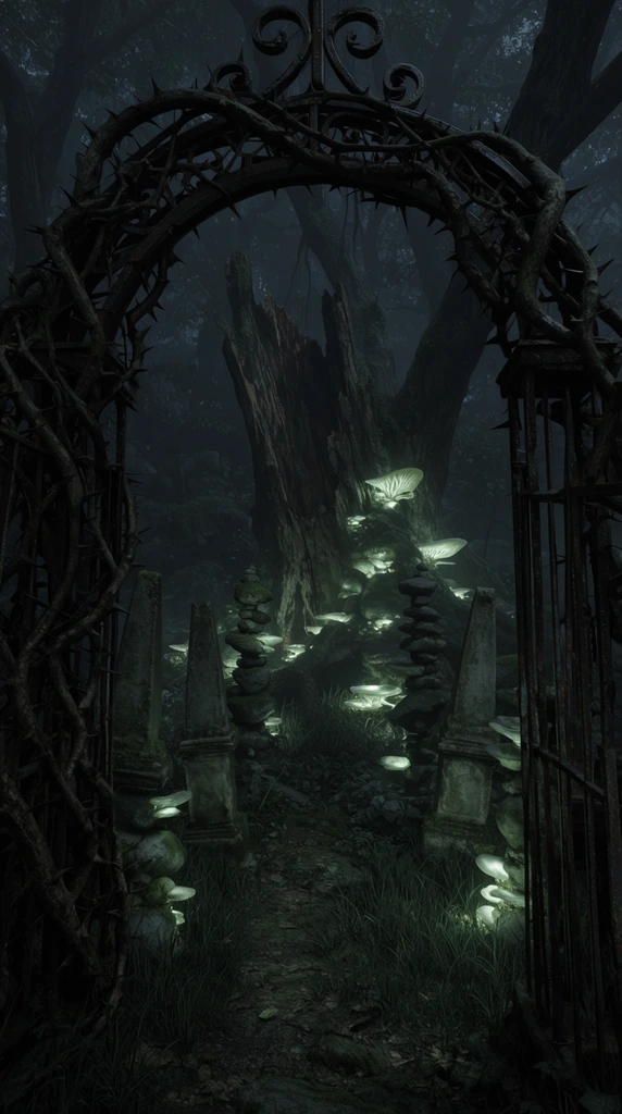 A crumbling wrought-iron archway heavily entangled in thick thorny vines serves as the entrance to a gloomy woodland hollow filled with weathered stone obelisks and moss-covered rock cairns. Beyond the rusted gate, a massive shattered tree trunk dominates the background, enveloped by dense bioluminescent fungi casting a faint sickly pale-green glow across the damp earth and dark grass. Heavy shadows and a desaturated cool-toned color palette define the eerie low-key lighting of the forgotten forest shrine. The cinematic composition uses a low, imposing camera angle framed by the gnarled vines, creating an oppressive macabre atmosphere deep within the dense woods.