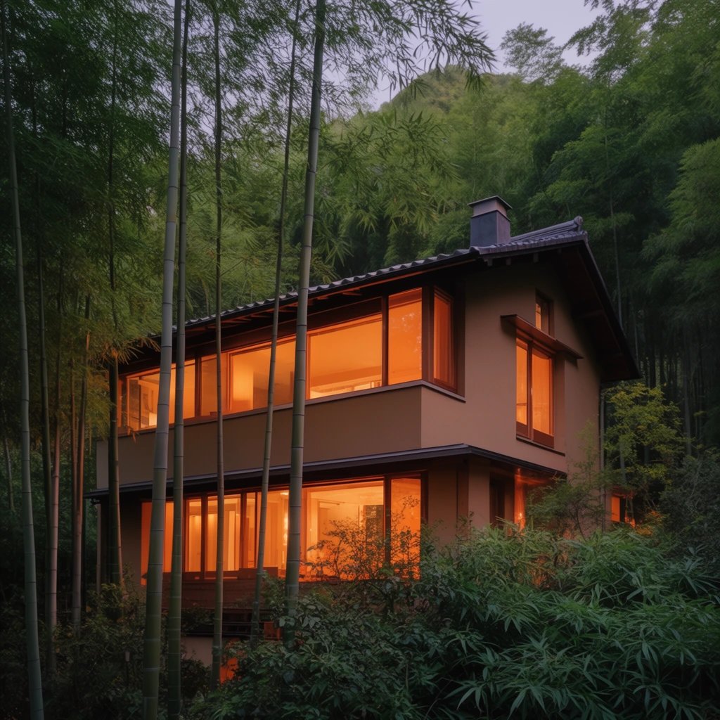 A modern multi-story house nestled in a lush bamboo forest glows warmly at dusk. The building features tan walls, a dark tiled roof, and expansive windows radiating warm orange interior light. Slender vertical bamboo stalks and dense green foliage frame the structure. Soft twilight architectural photography highlights the contrast between the cool organic surroundings and the luminous geometric residence.