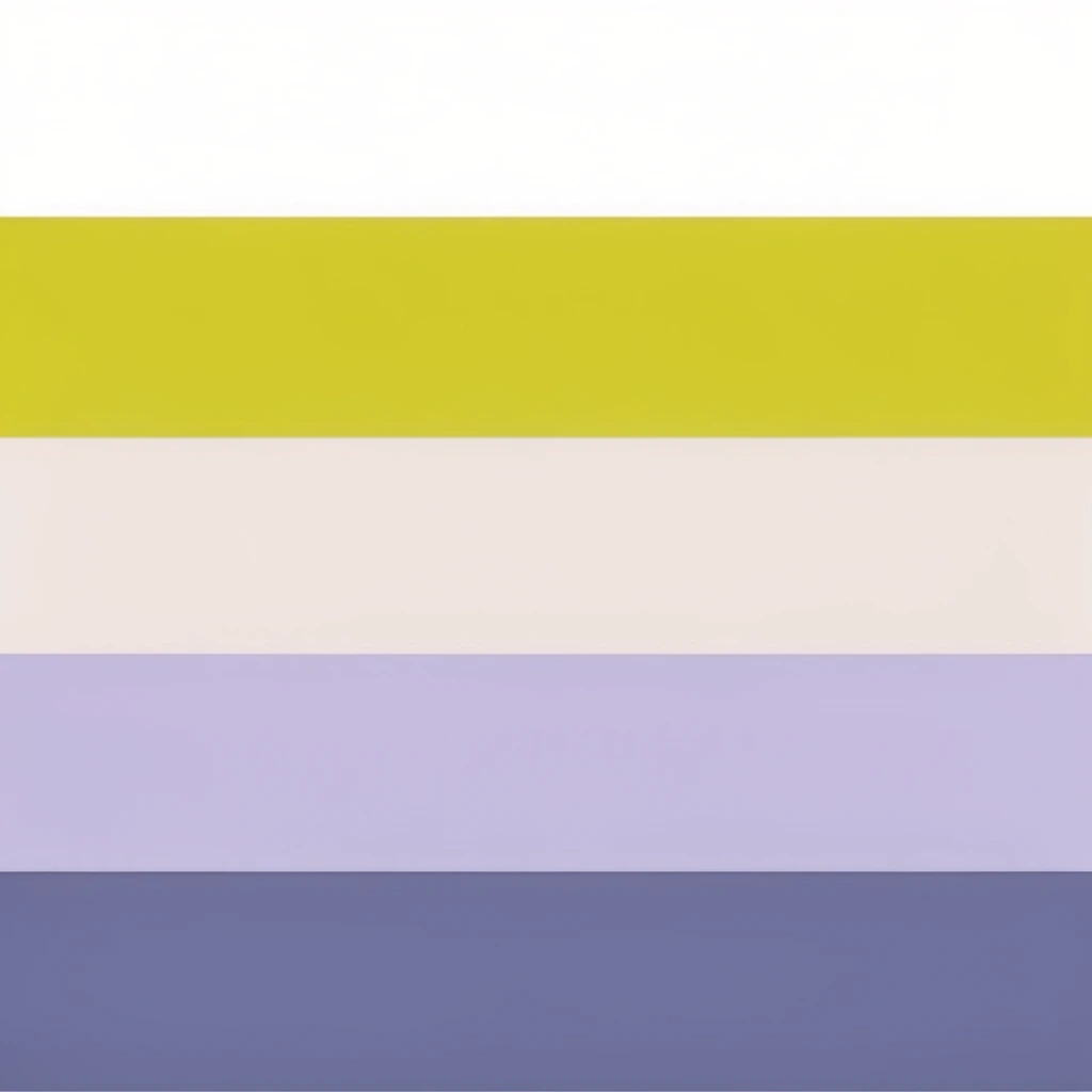 A vertical minimalist geometric composition constructed from flat, horizontal rectangular bands of solid color stacked edge to edge. The sequence begins with a crisp white upper block, descending into a vibrant yellow-green stripe. Below this rests a delicate, matte off-white blush section, followed by a soft lavender horizontal block. The graphic arrangement concludes with a rich slate-violet rectangle anchoring the lower half. Completely devoid of gradients or textures, the purely abstract layout is defined by sharp, clean boundaries separating the pastel and vibrant hues, creating a precise, unshaded graphic design aesthetic.