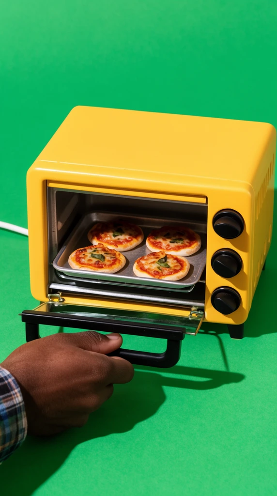 A yellow miniature toaster oven rests on a solid bright green background while a hand opens its door. Inside, four cooked mini pizzas sit on a metal tray. The dark-skinned hand, wearing a plaid shirt cuff, grips the black handle. A white cord extends leftwards. Hard directional lighting casts sharp shadows, creating a vibrant, high-contrast pop-art aesthetic with bold colors.