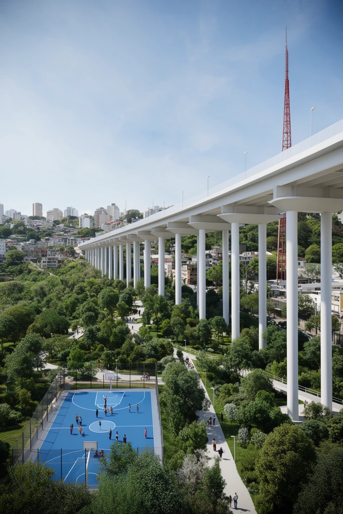 Massive white viaduct on tall cylindrical pillars spanning a lush urban park, elevated view, vibrant blue basketball court with tiny figures, winding pedestrian paths, dense trees, hilly cityscape background, tall red lattice tower, bright daylight, photorealistic architectural rendering