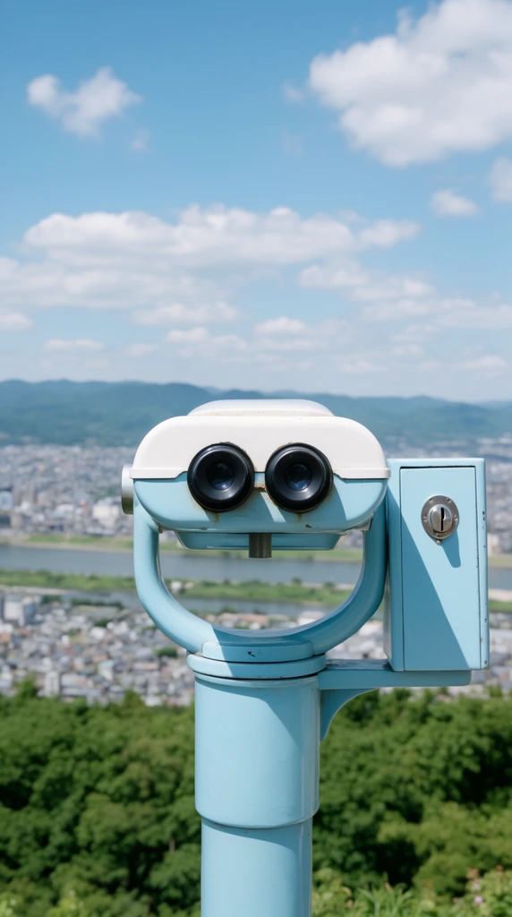 A pastel blue and white coin-operated binocular viewer stands on an elevated observation point overlooking a sprawling urban landscape. The vintage metallic device features a cylindrical base, a curved mounting bracket, and a dual-lens unit with deep black eyepieces under a pristine white upper housing. A rectangular coin box with a circular metallic slot attaches to the right side. Sharply focused in the extreme foreground, the viewer contrasts with a softly blurred background of lush green tree canopy, a wide city bisected by a meandering river, and distant rolling mountains. Bright daylight illuminates the scene under a vibrant blue sky with scattered fluffy white clouds, capturing a nostalgic travel aesthetic with a shallow depth of field.