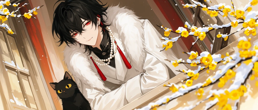young man with messy black hair and red eyes leaning on a window sill next to a black cat, wearing a white coat with fur collar and pearl necklace with red tassels, foreground framed by snow-covered branches with bright yellow blossoms, tilted dynamic angle, soft warm lighting, detailed anime style digital painting