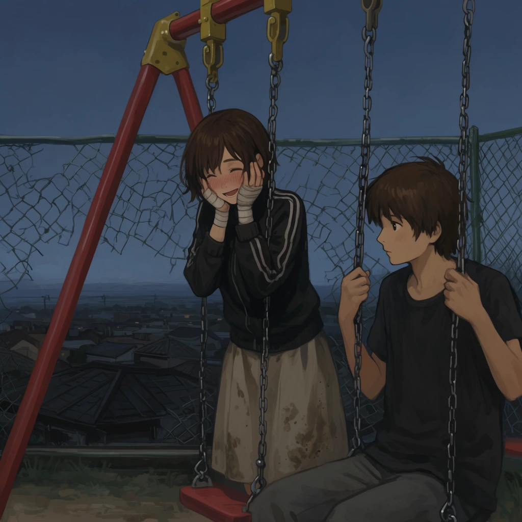 Two anime-style youths linger at an elevated playground swing set under a dim twilight sky. A standing girl leans against the metal swing chains, her hands touching her flushed cheeks with eyes closed in a smiling expression. She has short brown hair and wears a black striped track jacket, a dirt-smudged beige skirt, and thick wrist bandages. Beside her, a brown-haired boy in a dark t-shirt sits on a red swing seat, gripping the chains and gazing toward her. Behind them, a tall red and yellow A-frame swing structure stands in front of a heavily torn chain-link fence. The high vantage point overlooks a sprawling town of dark sloped rooftops. The painterly artwork features a muted, atmospheric color palette of deep blues and earthy greys illuminated by soft, diffuse evening lighting.