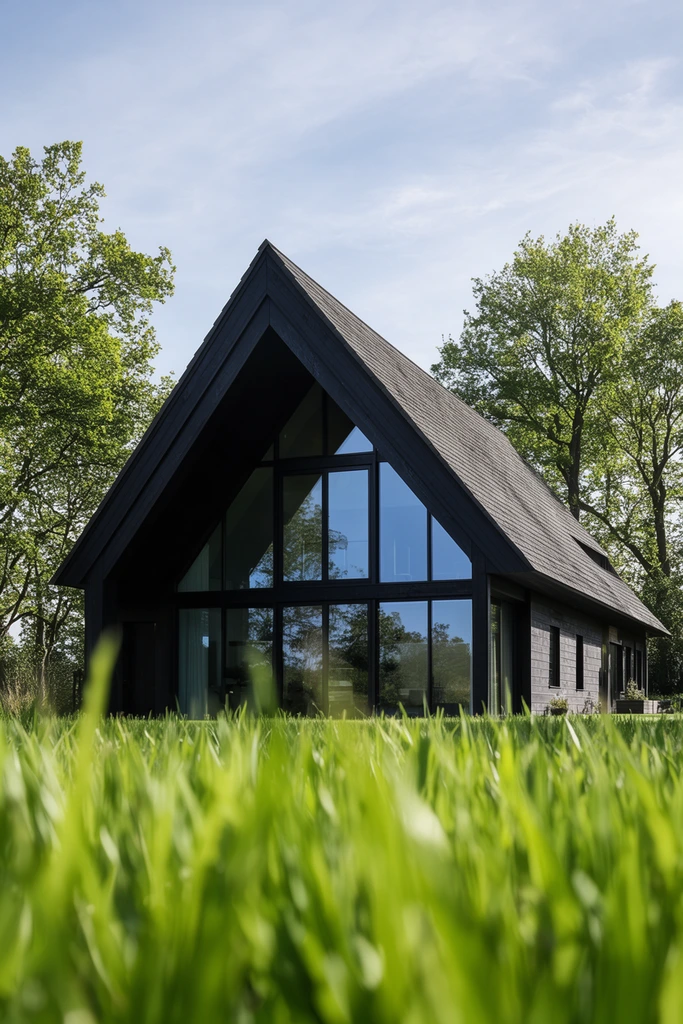 modern dark barn-style house with steep shingled roof and expansive glass facade, low angle architectural photography, framed by heavily blurred vibrant green grass in extreme foreground, crisp focus on midground structure, tall leafy trees flanking the building, pale blue sky with wispy clouds, bright natural daylight, reflective windows mirroring the landscape, deep structural shadows contrasting with sunlit foliage
