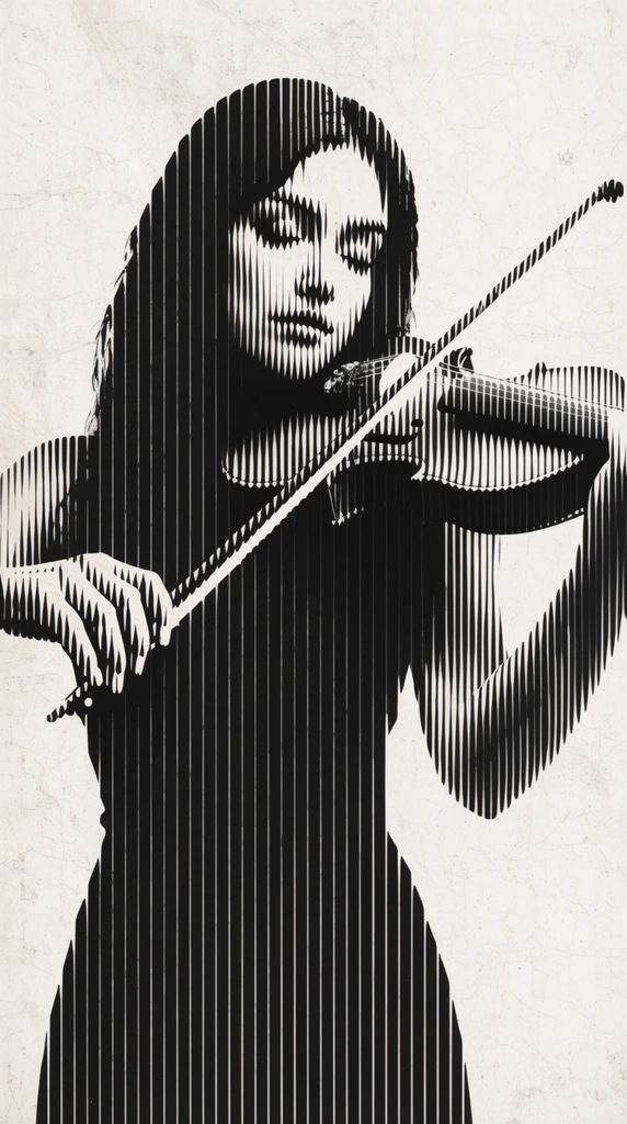 An optical illusion of a woman playing a violin formed entirely by vertical black bars of varying thicknesses. Rhythmic modulations in the thick and thin stripes create the musician's face, hands, and instrument in negative space against a distressed off-white paper background. High contrast, monochromatic graphic design.