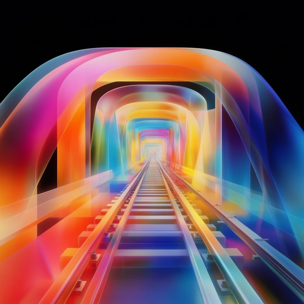 A centrally receding elevated railway track constructed from sweeping, translucent layers of vibrant, glowing gradients against a deep black background. The parallel rails, cross-ties, and supporting structural pillars are formed by meticulously smooth, overlapping geometric arcs and fluid ribbons of light, establishing strict bilateral symmetry that pulls toward a brilliantly luminous vanishing point. The structural elements feature a full-spectrum color palette with intense, seamless transitions of magenta, fiery orange, cyan, vivid yellow, and rich royal blue. Soft, diffused blurring and glassy optical dispersion give the architectural components a sleek, weightless appearance, radiating intense internal illumination. These precise, sweeping curves intersect and overlap to build the linear perspective of the railway, utilizing pristine, digitally rendered fluid dynamics and abstract chromatic refraction to define the depth and form of the receding infrastructure.