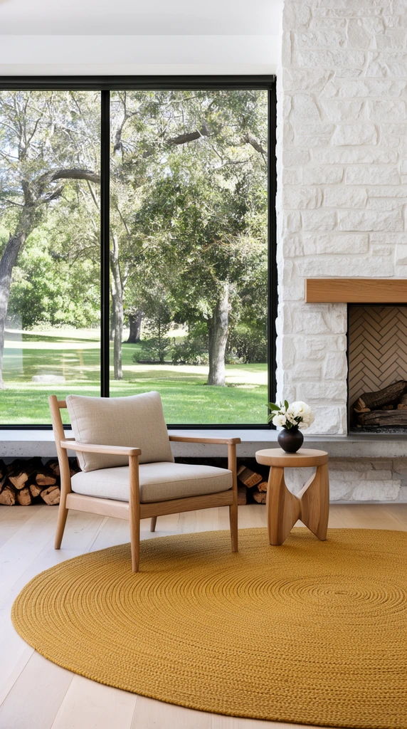 modern rustic living room interior, wooden armchair with beige cushions on a large circular mustard-yellow woven rug, light wood flooring, small sculptural wooden side table holding a dark vase with white flowers, expansive black-framed window revealing a sunlit green lawn and mature trees, concrete window ledge with neatly stacked firewood, white stone fireplace with a wooden mantel and herringbone pattern firebox, bright natural daylight, architectural interior photography, earthy color palette, crisp textures