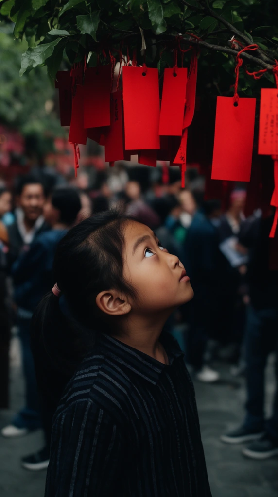young girl gazing up at bright red paper tags hanging from a leafy tree branch, dark striped shirt, blurred crowd of people in background, candid street photography, shallow depth of field, vibrant red accents, moody shadows