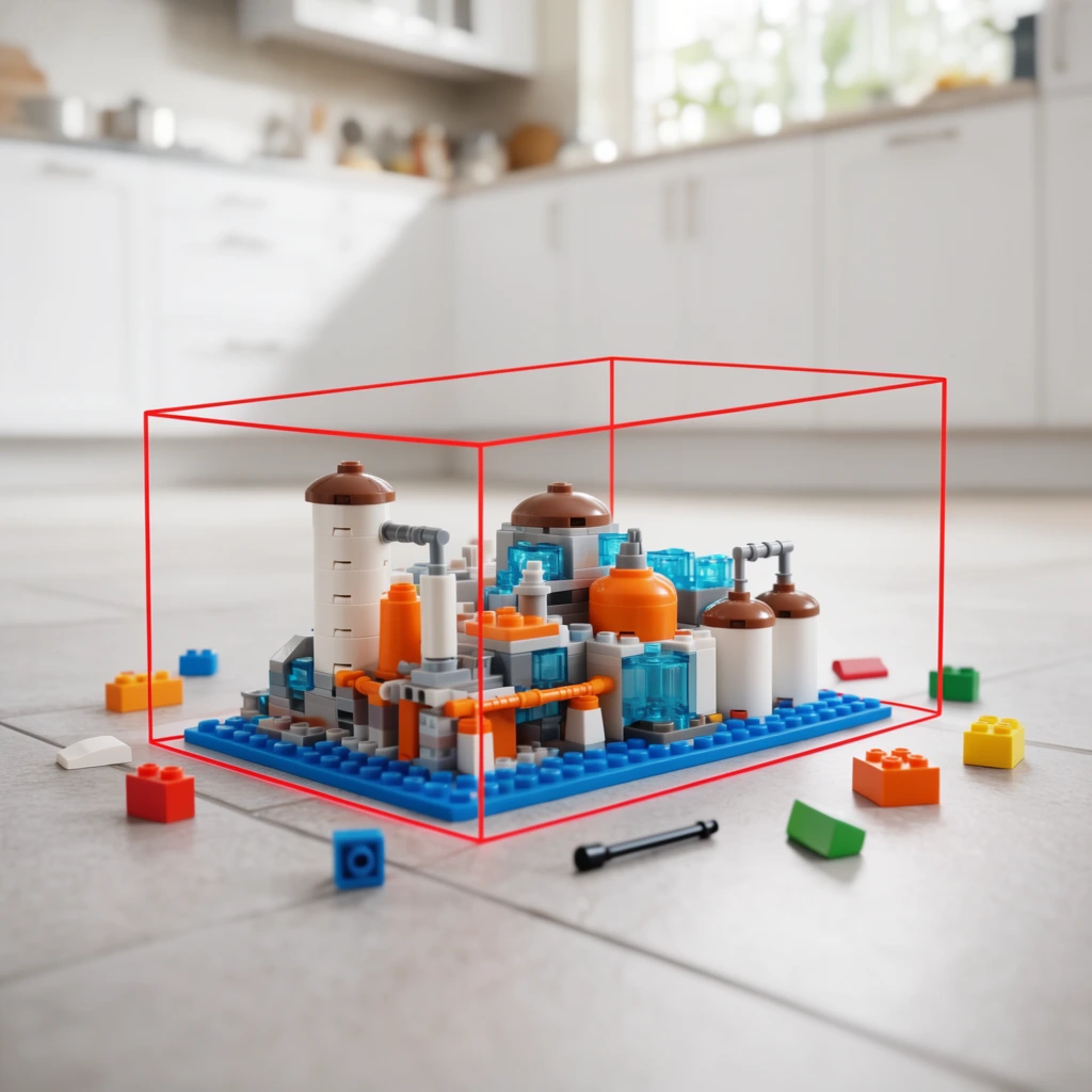 A miniature industrial facility built from interlocking plastic toy bricks sits on a blue studded baseplate atop a light gray tiled floor. The complex model features white cylindrical towers, brown domed roofs, bright orange tanks, and translucent blue components. It is entirely enclosed within a thin, bright red wireframe outline shaped like a three-dimensional rectangular box. Scattered loosely around the exterior are several individual brightly colored plastic bricks and a small black rod. The background reveals a heavily blurred, bright modern kitchen with white cabinetry, bathed in soft natural daylight. A low camera angle and shallow depth of field sharply contrast the colorful, tactile toy model and its superimposed graphic outline against the airy, out-of-focus domestic environment.