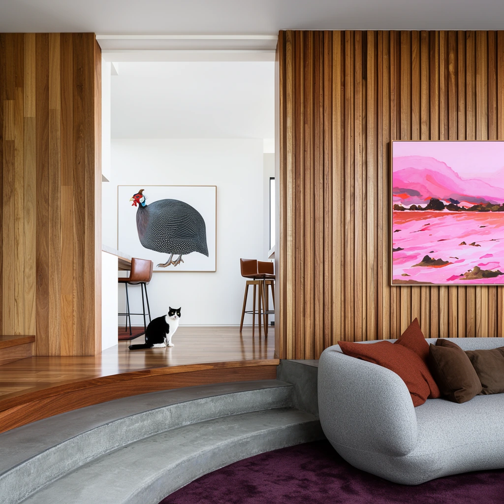 A modern, multi-level interior space blends warm wood paneling with bright white walls, framing a black-and-white cat in an adjoining room. On a plum carpet in the foreground, a curved gray sofa with rust and brown pillows sits against a slatted wood wall displaying a vibrant pink abstract landscape painting. A curved concrete step leads up to polished hardwood floors. Through a wide architectural opening, the brightly lit background room features a painting of a spotted guinea fowl on a white wall near leather bar stools. The architectural photography uses deep depth of field and natural light to emphasize contrasting textures of concrete, wood grain, and upholstery.