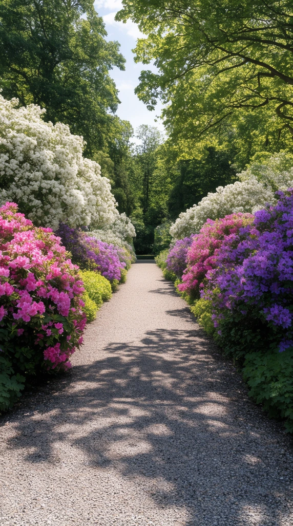 straight gravel garden path, central perspective, vibrant pink and purple blooming bushes, white flowering shrubs, dappled tree shadows, tall green trees, bright sunny day, landscape photography