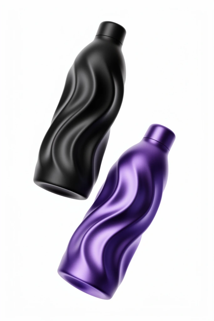 two sleek modern water bottles floating diagonally against a pure white background, top bottle matte black, bottom bottle satin metallic purple, highly sculpted wavy rippled surface texture, cylindrical bodies tapering to small caps, soft studio lighting highlighting flowing grooves, minimalist product photography