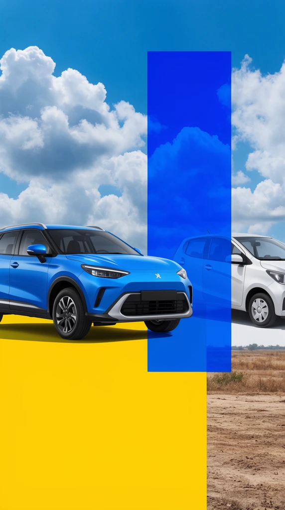 bright blue modern compact SUV, white compact car slightly behind, composite background layout, sunny sky with fluffy clouds, vertical blue rectangular overlay, lower half split between a vibrant yellow block and dry dirt landscape, bold geometric color blocking, commercial graphic design style