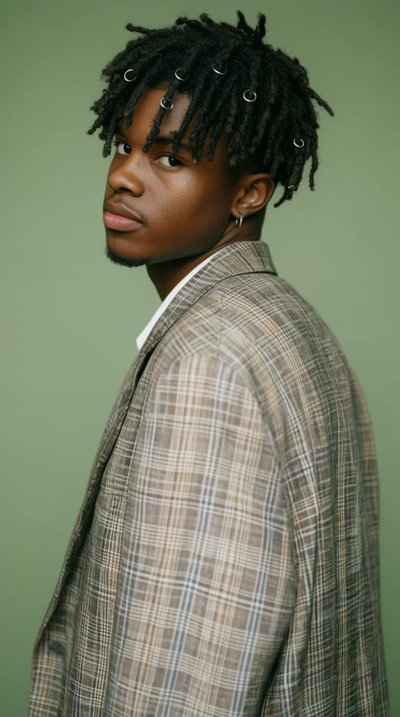 young Black man looking over shoulder, short dreadlocks with silver rings, oversized plaid suit jacket, sage green backdrop, soft studio lighting