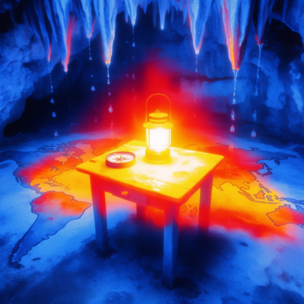 A cavern interior rendered in a stark infrared thermal imaging aesthetic, featuring a large map mural painted on the floor with a wooden table, lantern, and compass sitting in the center. Stalactites hang from the rocky ceiling, dripping water onto the painted continents below. The scene utilizes a high-contrast false-color heat map palette, where the lantern acts as the primary thermal source, radiating blinding white and vivid yellow highlights. This central heat signature blooms into intense, glowing crimson and bright orange halos that wash over the table, compass, and the surrounding map. In stark contrast, the cavern walls, stalactites, and falling water droplets are rendered in deep, freezing neon blues and dark indigo shadows. The overall image features soft focus, ethereal heat auras, smooth temperature gradients, and a ghostly, hazy bloom with slight edge doubling typical of FLIR thermography photography.