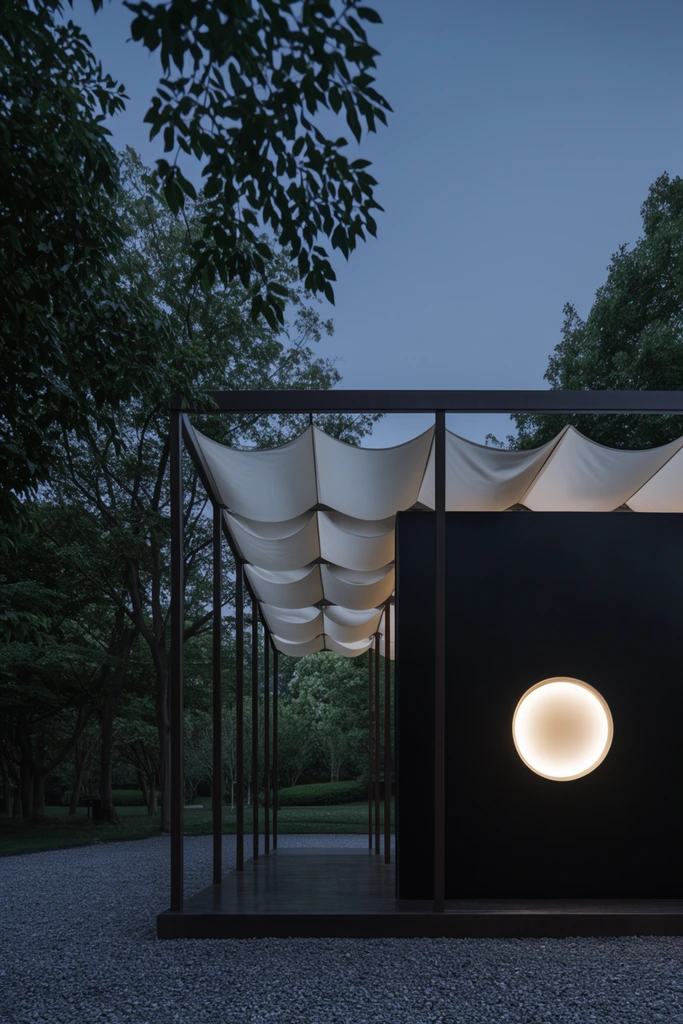 modern minimalist pavilion at twilight, solid black wall featuring a bright glowing circular window, open-air structure with thin dark pillars and undulating white fabric canopy, framed by lush green trees, gravel path, deep blue evening sky, architectural photography, cool muted tones contrasting with warm light