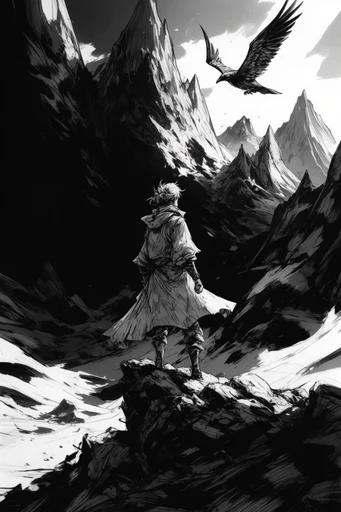 Cinematic Monochrome Noir style reference image — high-contrast monochrome manga