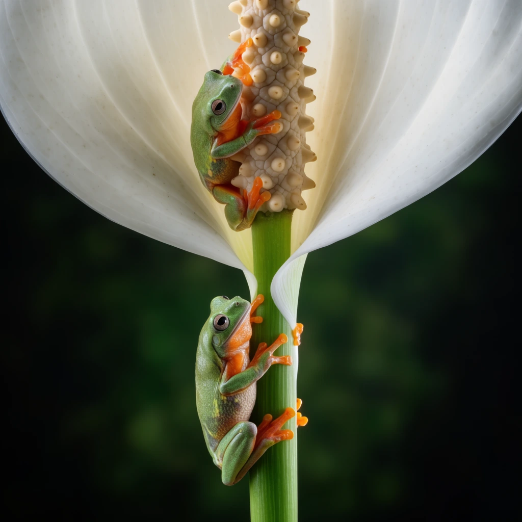 two green and orange tree frogs vertically clinging to a white calla lily, top frog gripping the knobby spadix, bottom frog on the smooth green stem, blurred dark background, macro photography