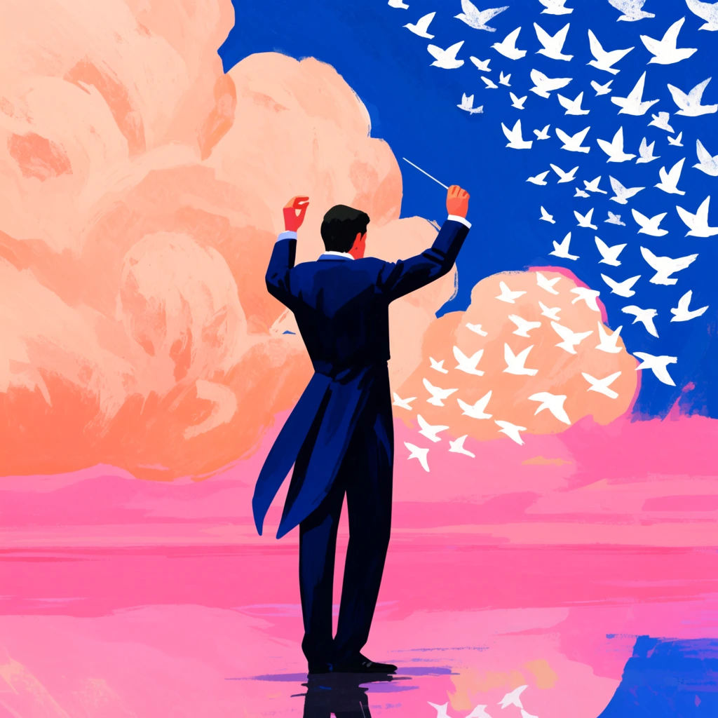 A conductor in a dark blue tailcoat faces away, wielding a baton to direct a swirling flock of white birds. He stands on a reflective surface mirroring a vibrant pink and deep blue sky with large, textured peach clouds. The surreal digital illustration features bold, painterly brushstrokes and graphic color blocking.