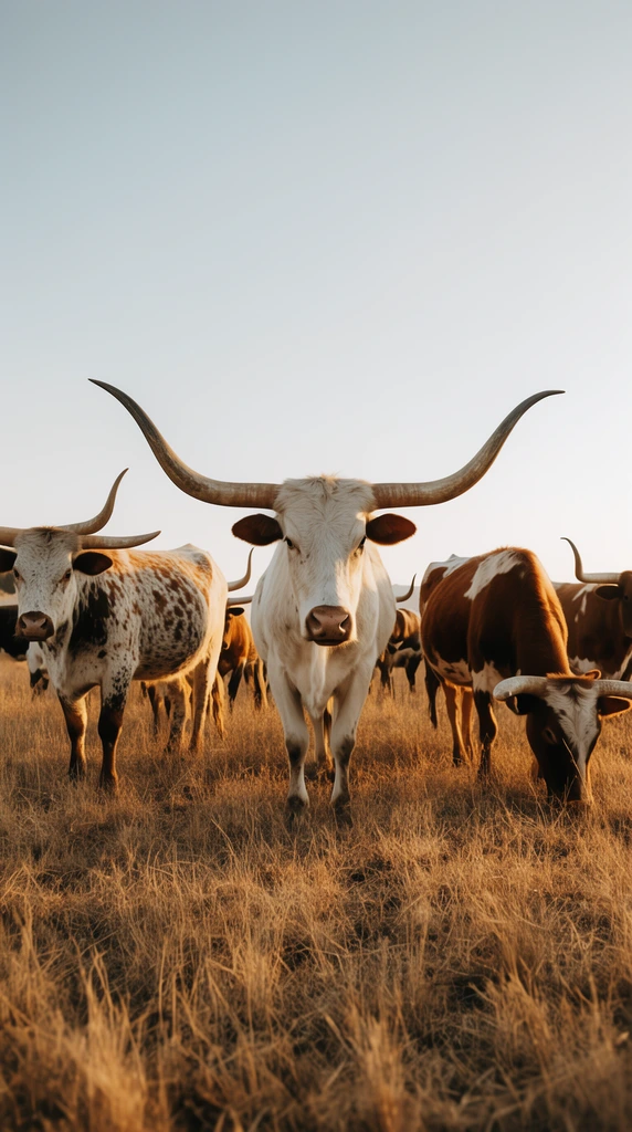 herd of longhorn cattle in a dry golden pasture, central prominent white steer facing forward with massive sweeping horns, white and brown speckled cow to the left, grazing brown and white cow to the right, warm golden hour sunlight, low angle wide shot, pale clear sky, cinematic wildlife photography