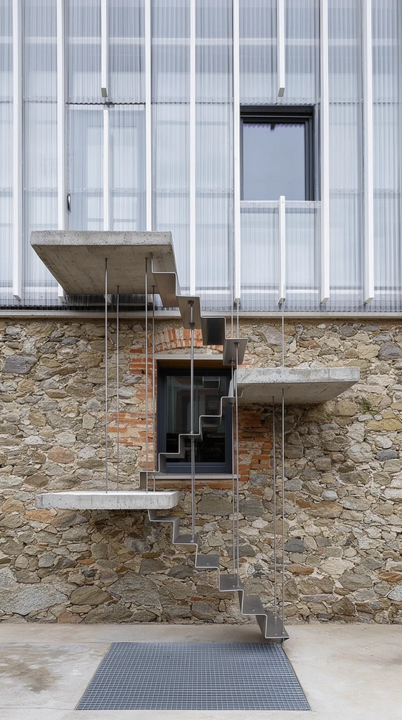 A flat frontal architectural elevation showcasing a modern floating metal staircase suspended by thin vertical steel rods against a rough, irregular fieldstone wall. The minimalist folded-metal treads connect two thick, cantilevered concrete landing slabs. Below a sharp horizontal dividing line, the rustic lower facade features exposed brick patches and a dark-framed rectangular window. The upper section is clad in translucent corrugated panels, rhythmically structured by vertical white slats, containing a square reflective window. A smooth concrete ground plane with a rectangular metal floor grate anchors the composition. Soft, even daylight emphasizes the stark material contrast between the historic rustic masonry and the sleek, translucent industrial elements.