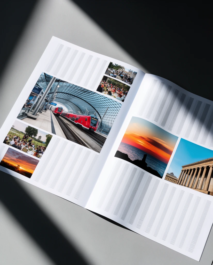 Overlapping open broadsheets lie on a smooth gray surface beneath a striking, diagonal architectural shadow. The crisp white pages feature strict geometric layouts containing dense rows of fine gray lines arranged in columns alongside vivid inset photographs. The left spread highlights a large image of a red train inside a modern glass-roofed station, flanked by smaller pictures of outdoor gatherings and a sunset landscape. The right spread displays a vibrant oceanic sunset silhouette and a classical building with tall columns. A top-down perspective captures the subtle dimensional curves of the paper and the high-contrast interplay of bright highlights against deep, dramatic shadows.