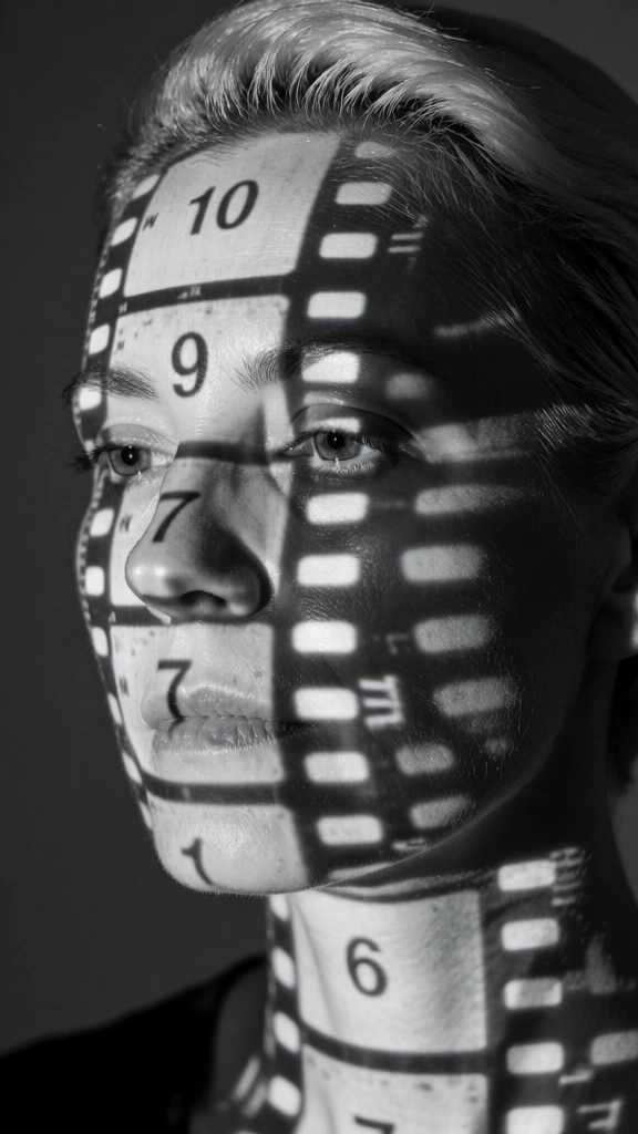 A close-up portrait of a woman with short, light hair features a projection of a film strip across her face. The subject has fair skin, light blue eyes, and short-cropped blonde hair styled back, and she is positioned in a three-quarter profile facing toward the left with a neutral, serene expression. Projected vertically down the center of her face is the image of a film strip, containing several frames marked with sprocket holes and sequence numbers. The number "10" is visible near her hairline, a large "9" is centered on her forehead, a "7" appears on her lower cheek near the corner of her mouth, and a partial "6" is visible on her chin and neck. The projection creates a dramatic play of light and shadow, where the bright areas of the film frames illuminate her features while the black lines of the film borders cast dark, horizontal shadows across her forehead and cheek. The lighting is focused and directional, originating from the front to cast the projection clearly against her skin. The color palette is highly desaturated, consisting of muted sepia and gray tones. The background is a solid, dark gray, providing a minimalist setting that emphasizes the subject's face. The composition is a tight headshot, captured with a shallow depth of field that keeps her facial features in sharp focus.