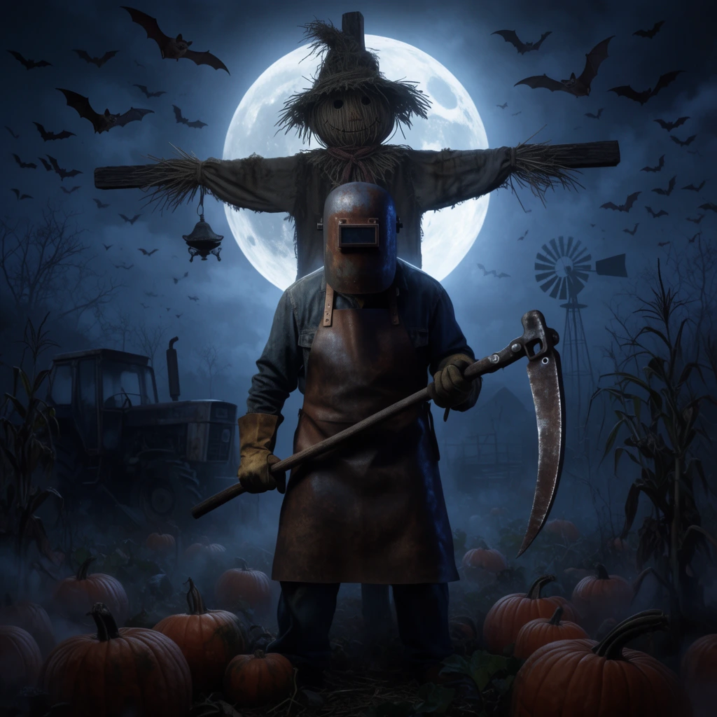 A hulking figure in a heavy leather apron and rusted welding mask grips a massive scythe in a dark, foggy pumpkin patch. A traditional scarecrow on a wooden cross stands directly behind them, perfectly framing a giant glowing full moon. Swarming bats fill the night sky above an abandoned tractor and a distant windmill silhouette. Moody cinematic lighting, low-angle perspective, and cool blue tones dominate the chilling composition.