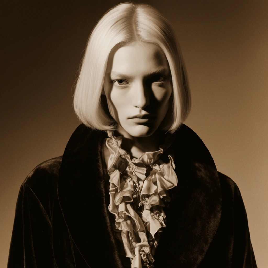 A sepia-toned editorial portrait of a young woman with sharp, angular cheekbones and a sleek platinum blonde bob. She gazes directly at the camera with a neutral, piercing expression while a strong directional light casts the right side of her face in deep shadow. She wears a heavy dark velvet coat with a high collar over a highly detailed ruffled silk blouse. The subject is centered against a stark, seamless gradient backdrop in warm earth tones. The chest-up composition features high-contrast chiaroscuro lighting and a monochromatic color palette, creating a moody, timeless high-fashion aesthetic focused on the striking interplay of light and soft fabric textures.