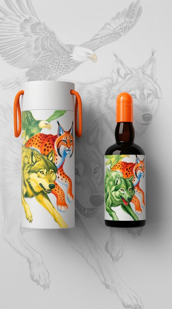 cylindrical white packaging tube and dark glass bottle side-by-side, vibrant wildlife illustrations of a leaping spotted orange lynx with a yellow-green wolf and green horse on the tube and bottle label, bright orange foil capsule on the bottle neck, orange rope handles on the tube, textured light grey background surface, faint monochromatic pencil sketches of a soaring eagle and wolf in the background, top-down commercial product photography, soft studio lighting, subtle drop shadows