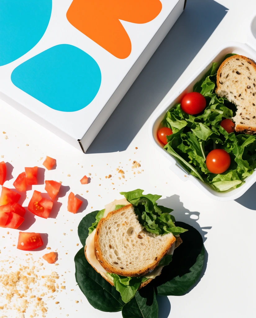 top-down flat lay of scattered food on a stark white surface, harsh direct sunlight casting sharp dark drop shadows, minimalist high contrast commercial food photography, white box with cyan and orange abstract shapes, open white container holding green salad with cherry tomatoes and seeded bread, scattered diced red tomatoes, loose breadcrumbs, partially eaten sandwich resting on dark green leaves