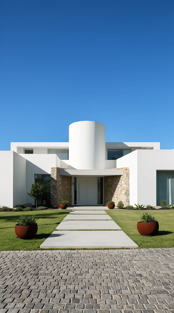 modern white geometric house, flat roof, central cylindrical tower, stone entrance walls, concrete walkway, cobblestone driveway, round rust planters, manicured lawn, clear blue sky, bright daylight, sharp shadows, architectural photography