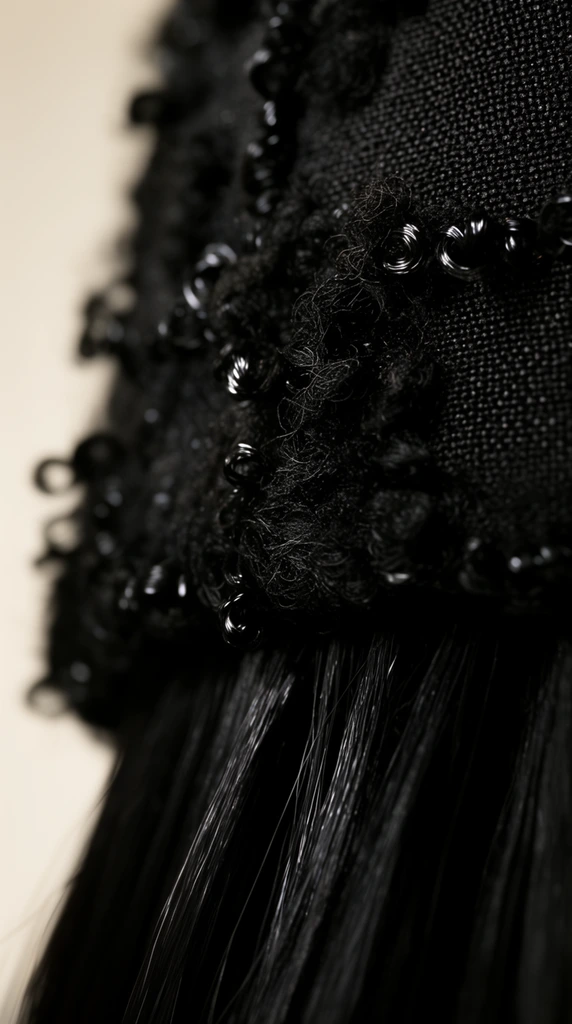 Extreme macro of black textured fabric, fine woven mesh base, raised clusters of tangled threads and shiny coiled accents, glossy straight black hair strands cascading downwards, shallow depth of field, heavy blur, soft creamy off-white background, moody directional lighting, highly tactile