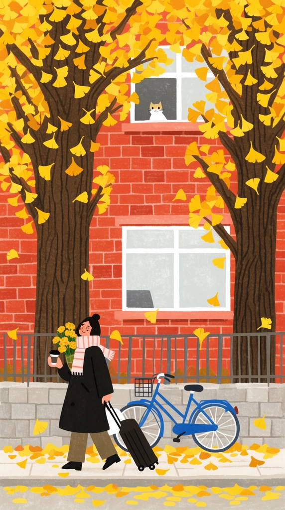A cozy 2D illustration of a woman walking an autumn sidewalk holding yellow flowers and a coffee cup. She wears a dark coat and striped scarf. Towering brown trees with vibrant yellow ginkgo leaves drop foliage around her. Behind a stone wall and metal fence sits a blue bicycle. A red brick building forms the backdrop, where a small cat peeks from a top window. The artwork features warm flat colors and a textured pastel finish.