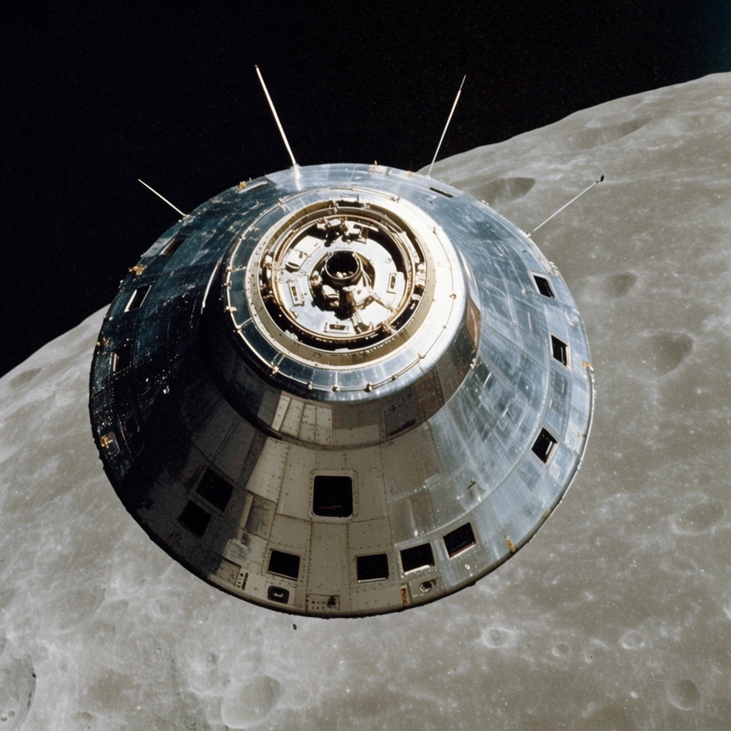 conical metallic spacecraft orbiting a cratered grey moon, prominent circular docking ring at the top, silver paneled hull with small dark windows, thin antennae, harsh directional sunlight, deep shadows contrasting with the black void of space, vintage grainy space photography, high-angle perspective