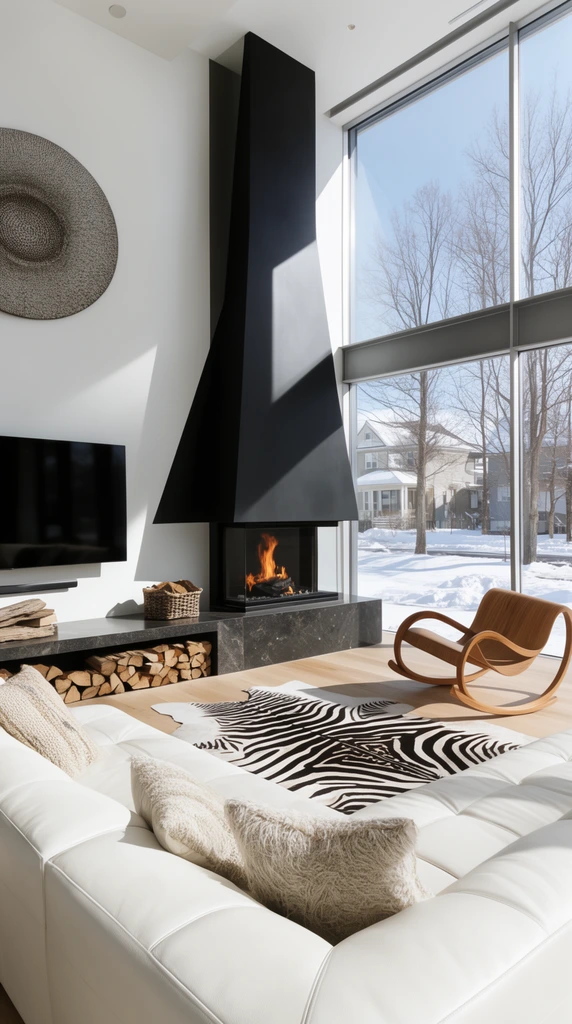 modern bright living room, white leather sectional sofa with textured throw pillows, zebra print rug on light wood flooring, sleek matte black geometric fireplace with active fire, dark stone hearth storing stacked firewood, wall-mounted flat television, curved wooden rocking chair, floor-to-ceiling windows revealing a snowy neighborhood landscape, bare winter trees, intense natural sunlight casting sharp shadows, circular wall art, minimalist contemporary interior, wide-angle real estate photography