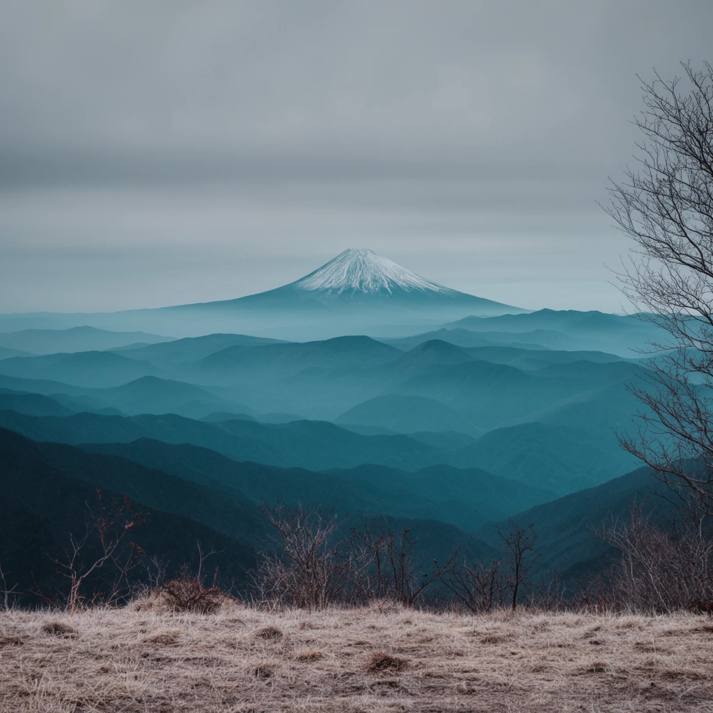 A distant snow-capped stratovolcano rises against an overcast grey sky. Rolling, layered mountain ranges fill the midground, fading into atmospheric teal and deep blue mist. The foreground consists of a barren ridge with dry, pale brown grass and sparse, leafless shrubs. Bare tree branches frame the right edge. This landscape photography features a cool, muted palette and diffuse lighting, emphasizing vast scale and serene natural depth.
