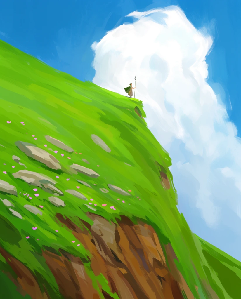 A tiny lone figure holding a staff stands on the precipice of a steep, vibrant green hillside beneath a massive, billowing white cloud. The lush grassy slope sweeps diagonally upward to the left, dotted with flat grey stones and tiny pink wildflowers above rugged earthy rock faces. Rendered as an impressionistic digital painting, the bright blue sky and bold, expressive brushstrokes emphasize a dramatic sense of scale.